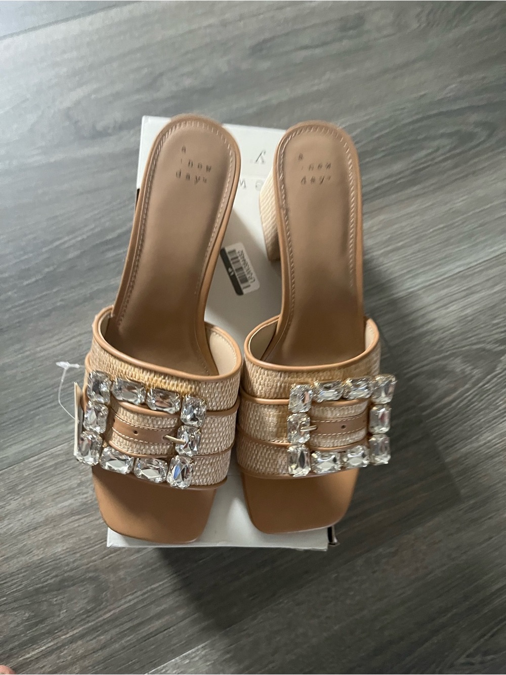 a new day Tan Embellished Slide Mules with Crystal Buckles